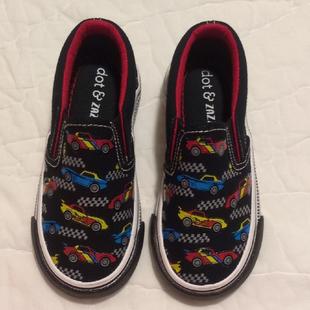 Kids Car Print Slip-On Shoes - Black, Red, and Yellow